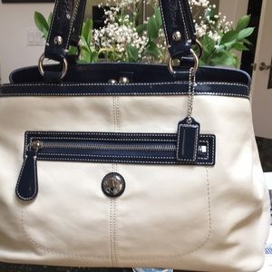 Coach Laura Carryall Large Navy / Ivory  White Leather Satchel / Shoulder Bag